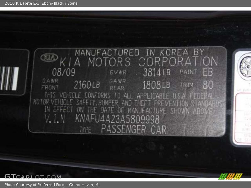 Ebony Black / Stone 2010 Kia Forte EX