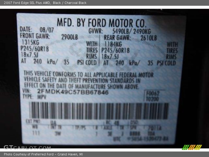 Black / Charcoal Black 2007 Ford Edge SEL Plus AWD