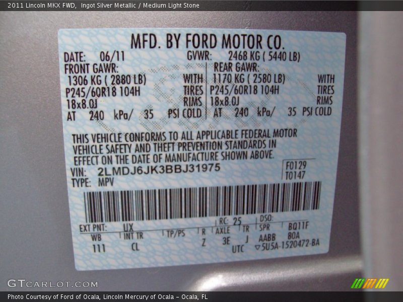 Ingot Silver Metallic / Medium Light Stone 2011 Lincoln MKX FWD