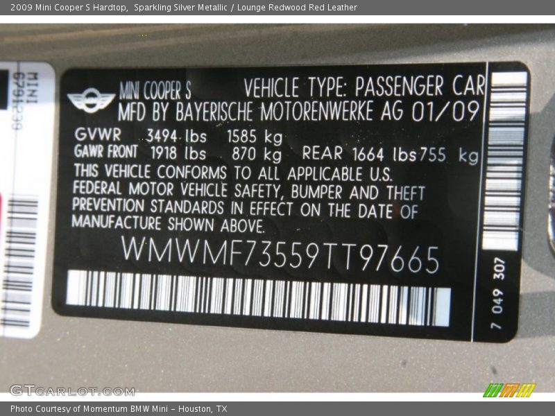 Sparkling Silver Metallic / Lounge Redwood Red Leather 2009 Mini Cooper S Hardtop