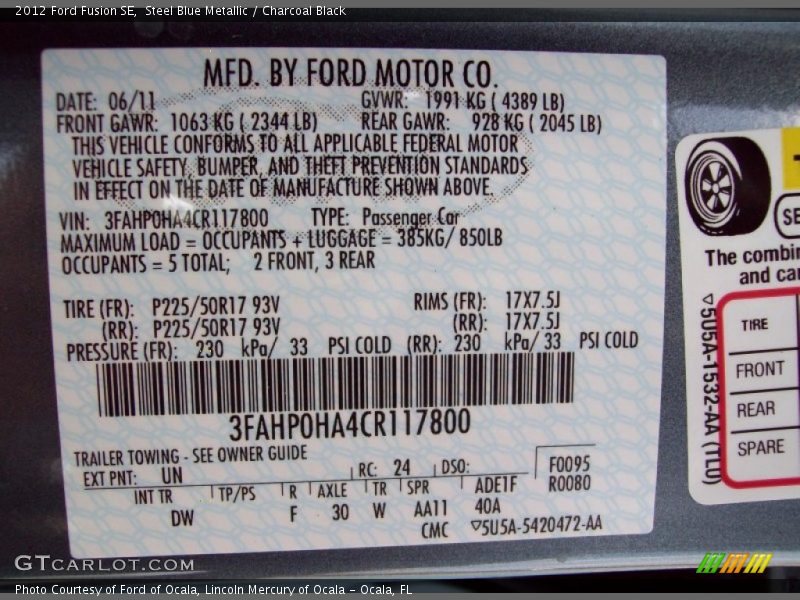 2012 Fusion SE Steel Blue Metallic Color Code UN