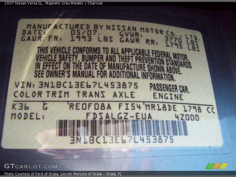 Magnetic Grey Metallic / Charcoal 2007 Nissan Versa SL