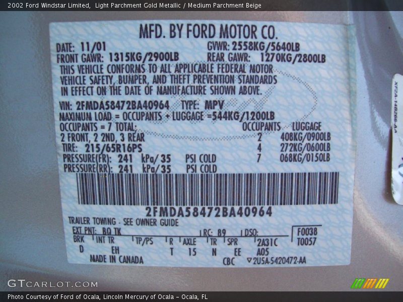 Light Parchment Gold Metallic / Medium Parchment Beige 2002 Ford Windstar Limited