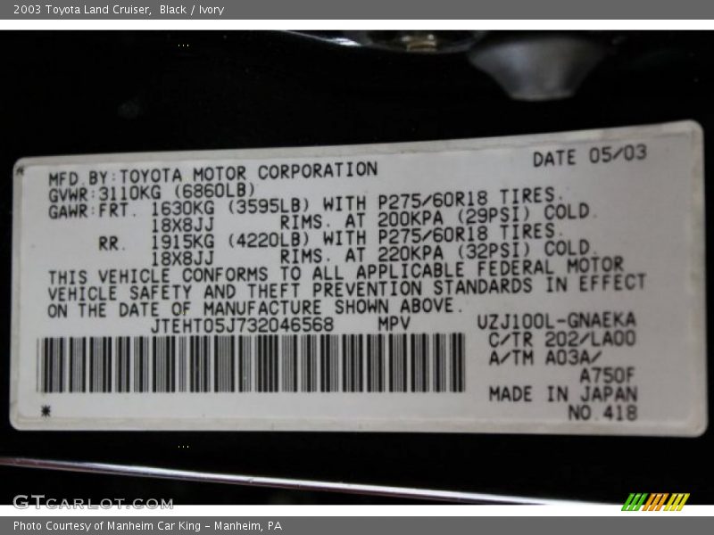 Black / Ivory 2003 Toyota Land Cruiser
