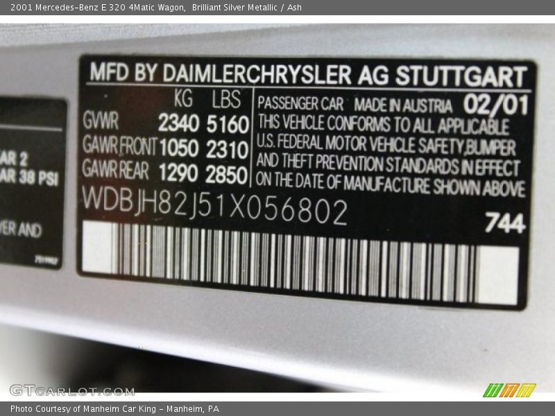 2001 E 320 4Matic Wagon Brilliant Silver Metallic Color Code 744