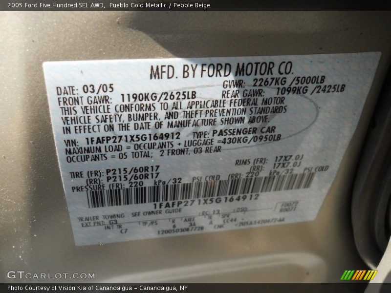 Pueblo Gold Metallic / Pebble Beige 2005 Ford Five Hundred SEL AWD