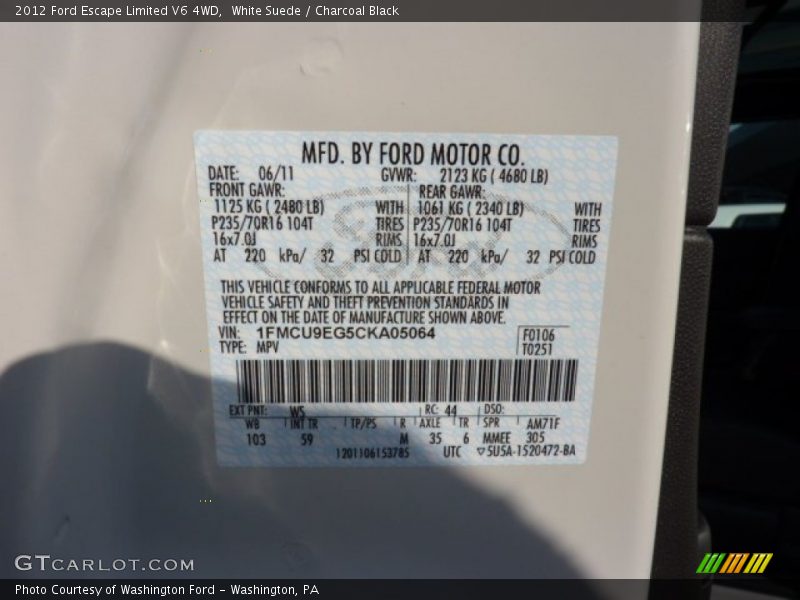 2012 Escape Limited V6 4WD White Suede Color Code WS