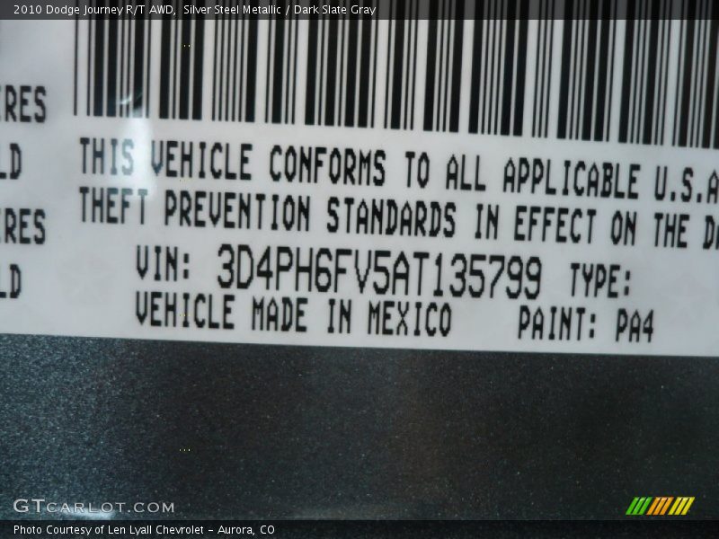 2010 Journey R/T AWD Silver Steel Metallic Color Code PA4