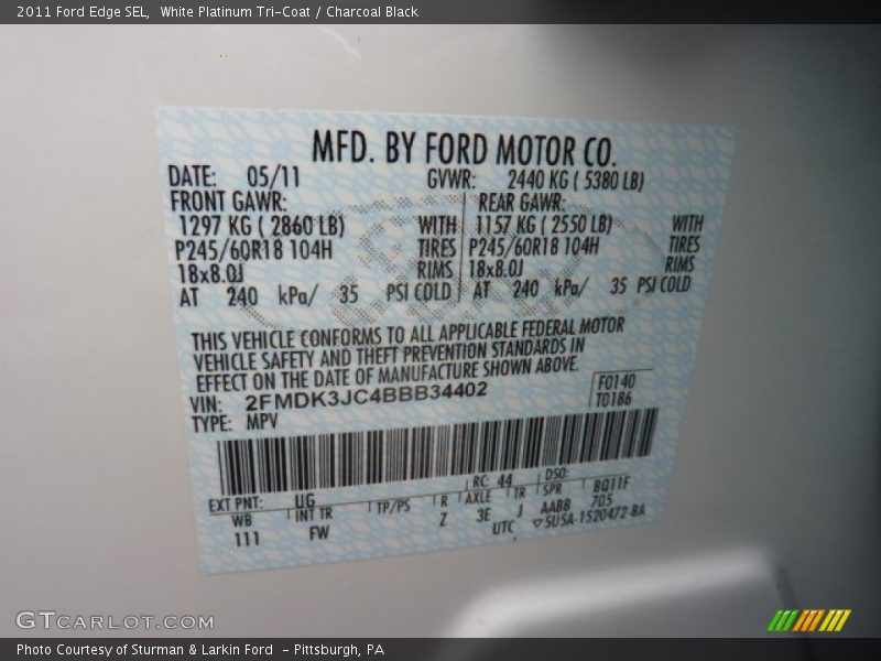 White Platinum Tri-Coat / Charcoal Black 2011 Ford Edge SEL