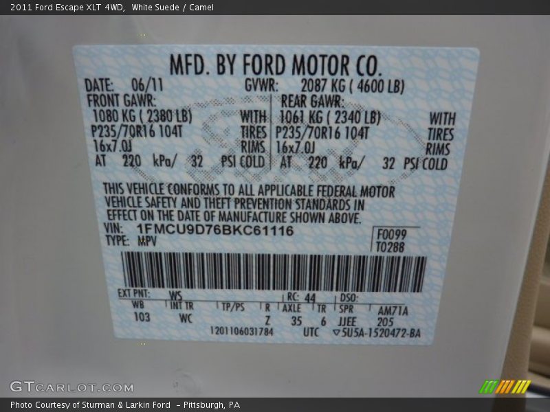 White Suede / Camel 2011 Ford Escape XLT 4WD