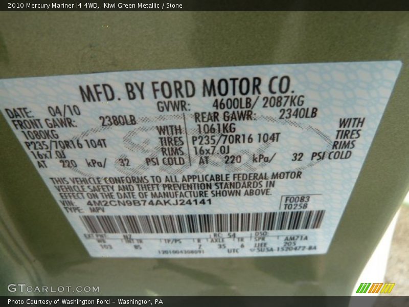 Kiwi Green Metallic / Stone 2010 Mercury Mariner I4 4WD