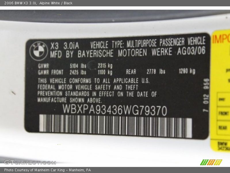 Alpine White / Black 2006 BMW X3 3.0i