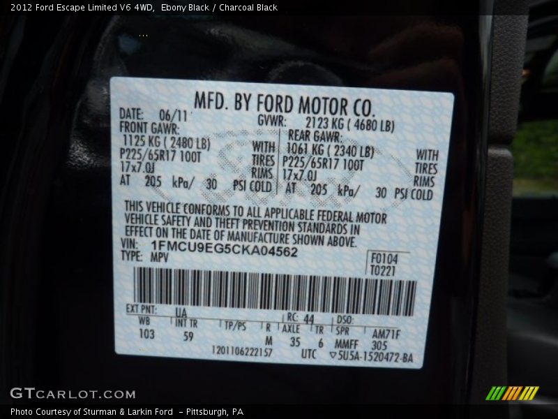 2012 Escape Limited V6 4WD Ebony Black Color Code UA