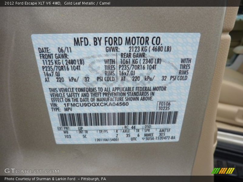 2012 Escape XLT V6 4WD Gold Leaf Metallic Color Code UP