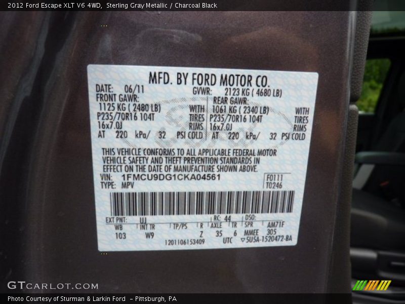 2012 Escape XLT V6 4WD Sterling Gray Metallic Color Code UJ