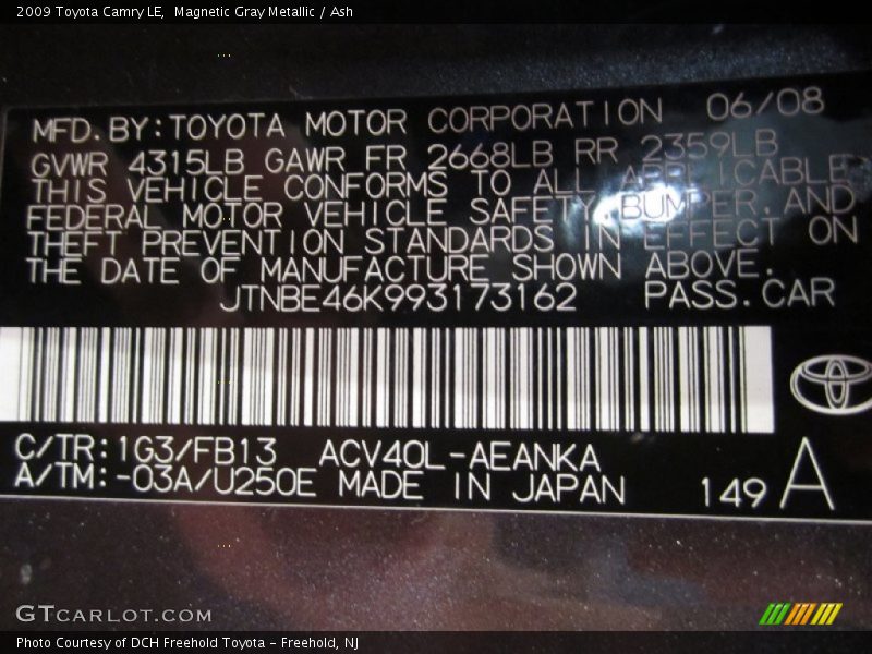 Magnetic Gray Metallic / Ash 2009 Toyota Camry LE