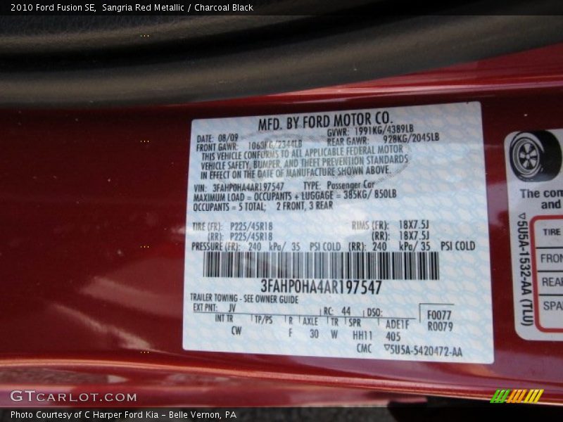 Sangria Red Metallic / Charcoal Black 2010 Ford Fusion SE