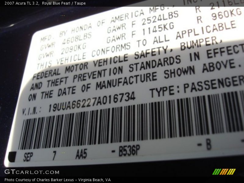 Royal Blue Pearl / Taupe 2007 Acura TL 3.2
