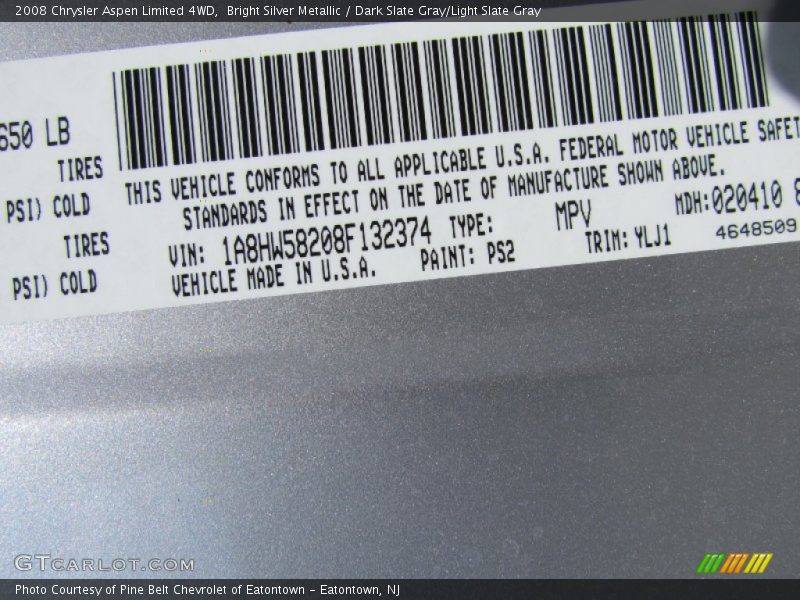 Bright Silver Metallic / Dark Slate Gray/Light Slate Gray 2008 Chrysler Aspen Limited 4WD