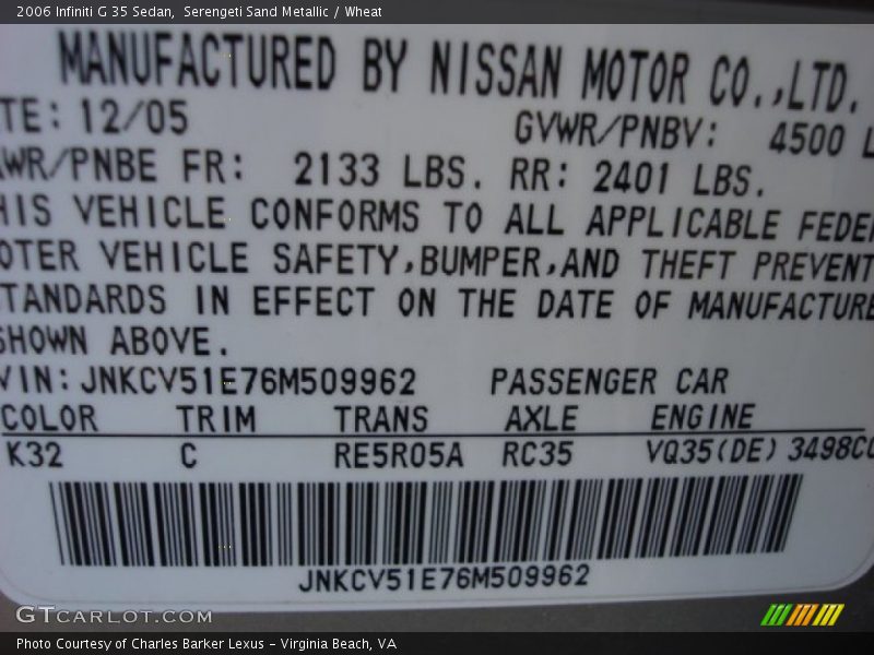 Serengeti Sand Metallic / Wheat 2006 Infiniti G 35 Sedan