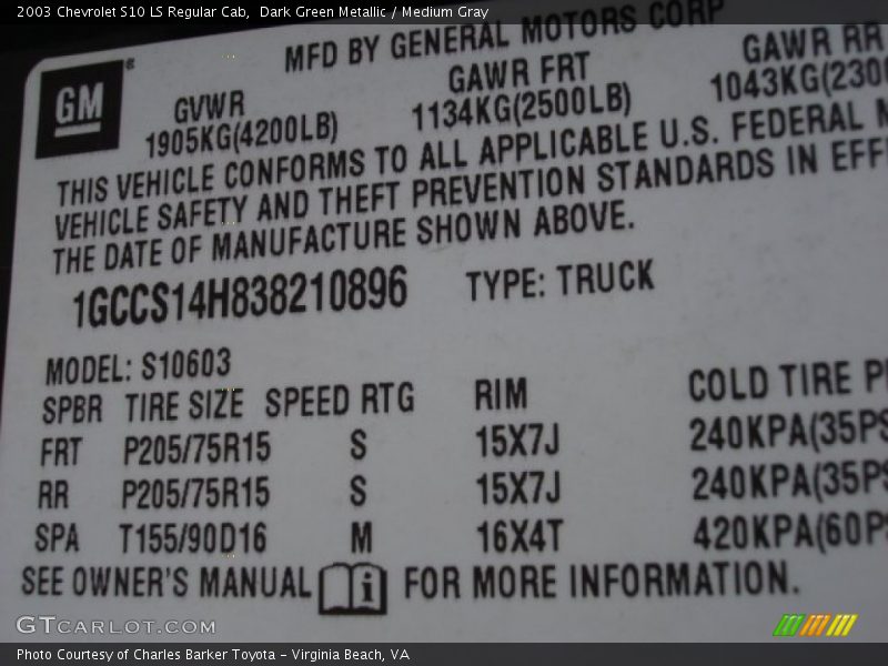 Dark Green Metallic / Medium Gray 2003 Chevrolet S10 LS Regular Cab