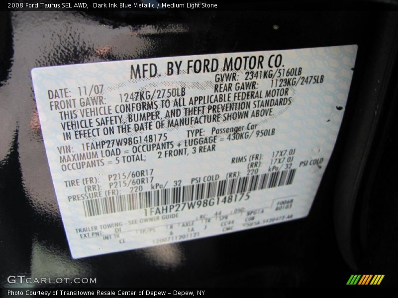 Dark Ink Blue Metallic / Medium Light Stone 2008 Ford Taurus SEL AWD