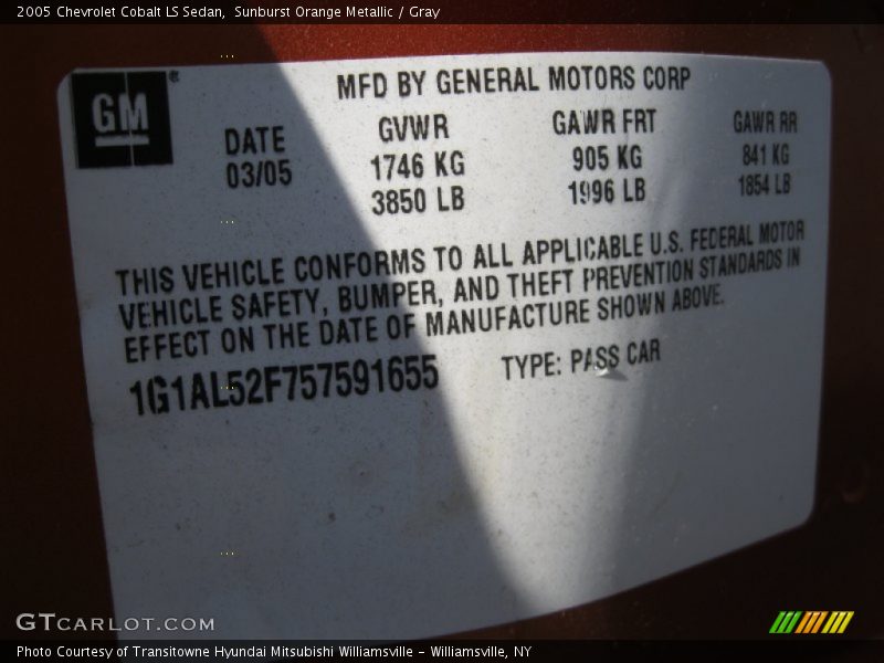 Info Tag of 2005 Cobalt LS Sedan