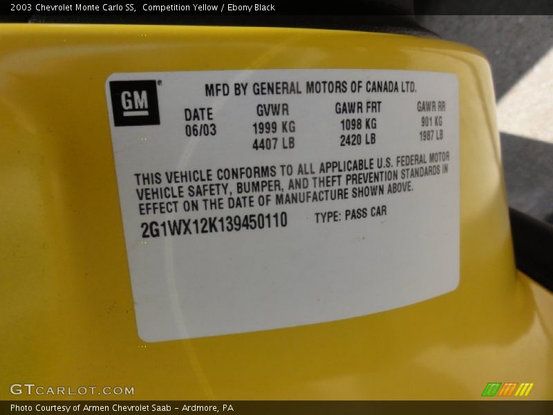 Competition Yellow / Ebony Black 2003 Chevrolet Monte Carlo SS