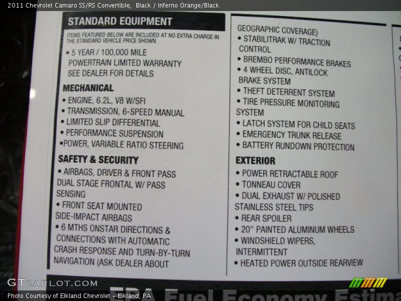 2011 Camaro SS/RS Convertible Window Sticker