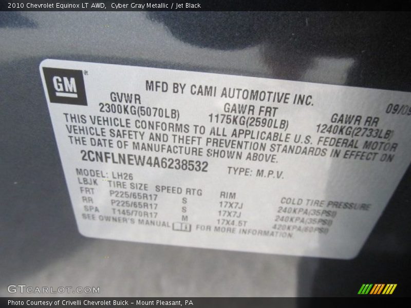 Info Tag of 2010 Equinox LT AWD