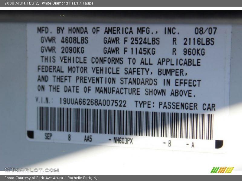 White Diamond Pearl / Taupe 2008 Acura TL 3.2