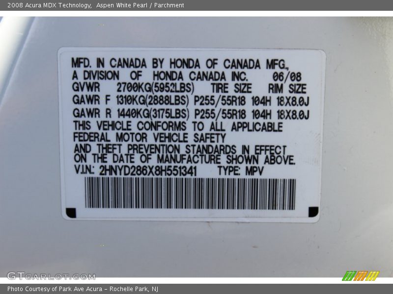 Aspen White Pearl / Parchment 2008 Acura MDX Technology
