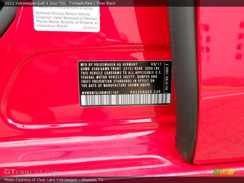 Tornado Red / Titan Black 2011 Volkswagen Golf 4 Door TDI
