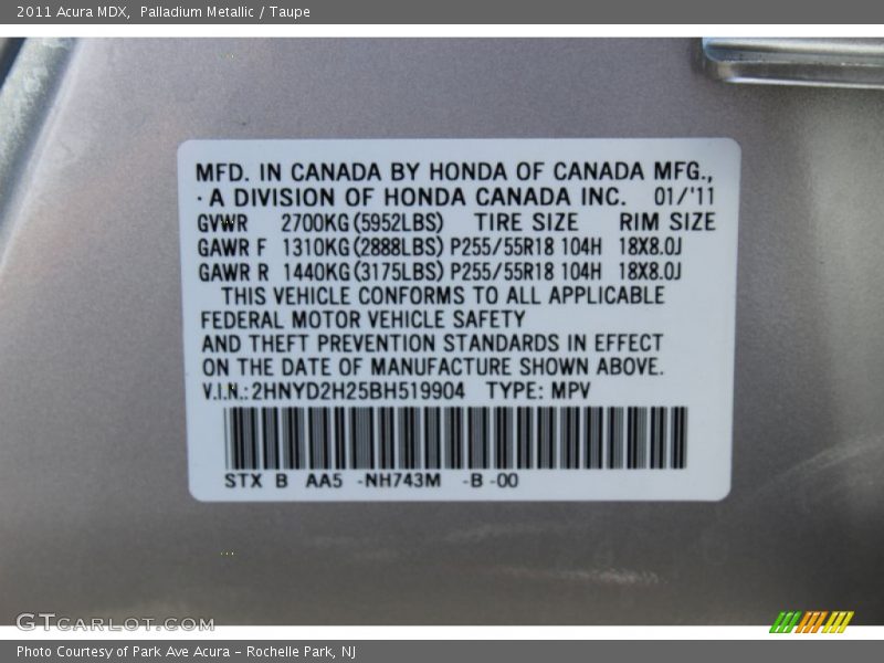 2011 MDX  Palladium Metallic Color Code NH743M