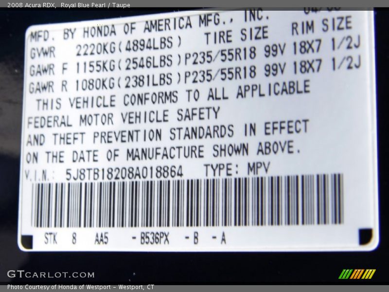Royal Blue Pearl / Taupe 2008 Acura RDX