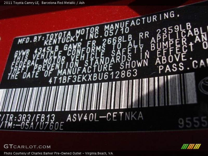 Barcelona Red Metallic / Ash 2011 Toyota Camry LE