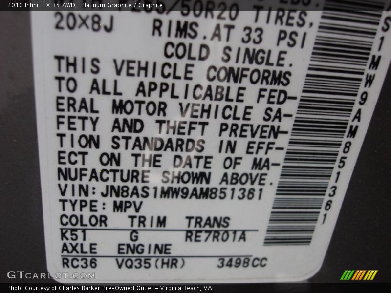 Platinum Graphite / Graphite 2010 Infiniti FX 35 AWD