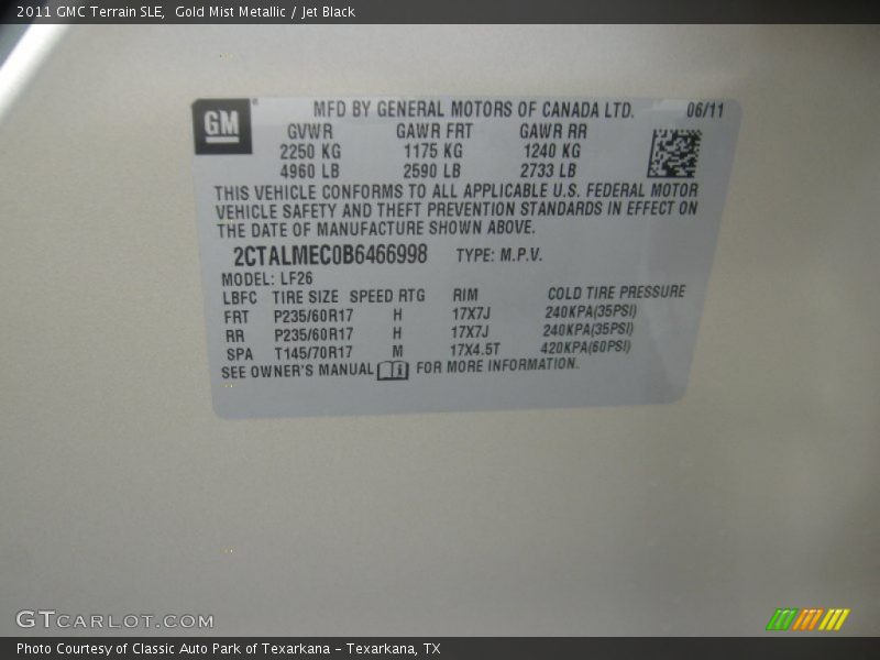 Gold Mist Metallic / Jet Black 2011 GMC Terrain SLE