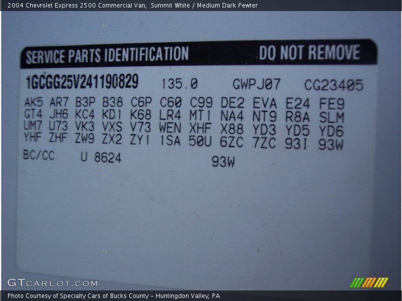 Info Tag of 2004 Express 2500 Commercial Van
