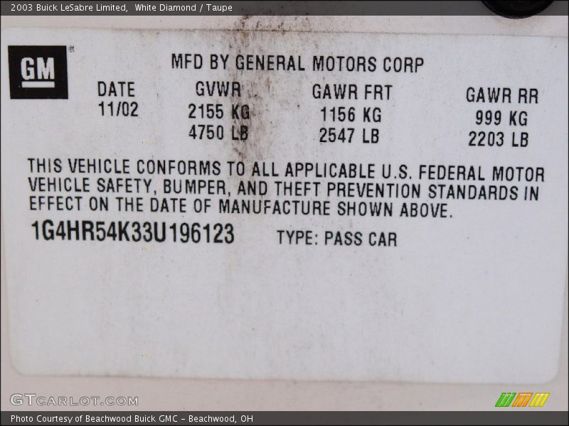 White Diamond / Taupe 2003 Buick LeSabre Limited