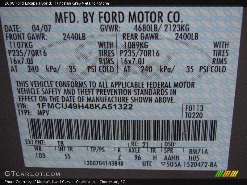 Tungsten Grey Metallic / Stone 2008 Ford Escape Hybrid