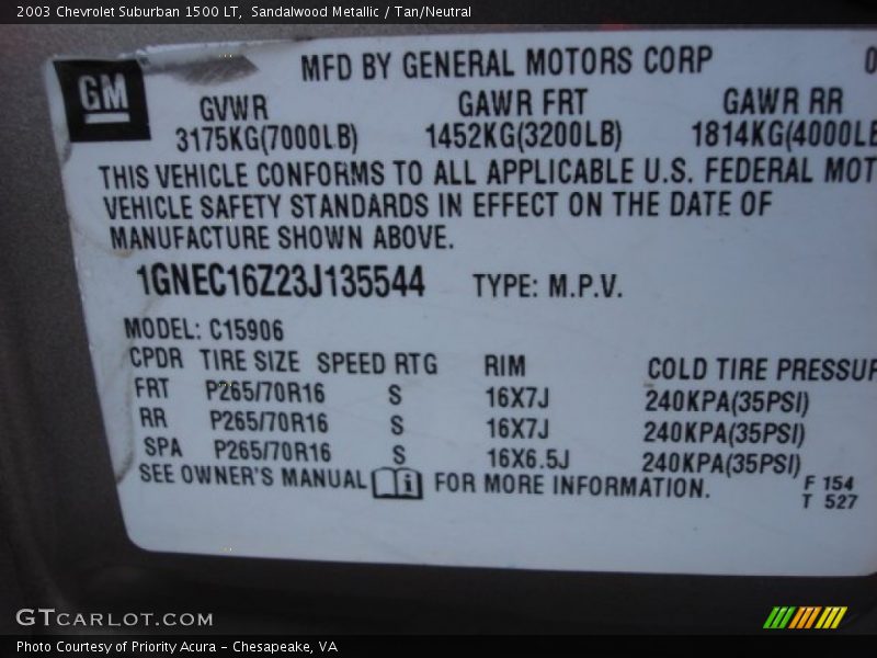 Info Tag of 2003 Suburban 1500 LT