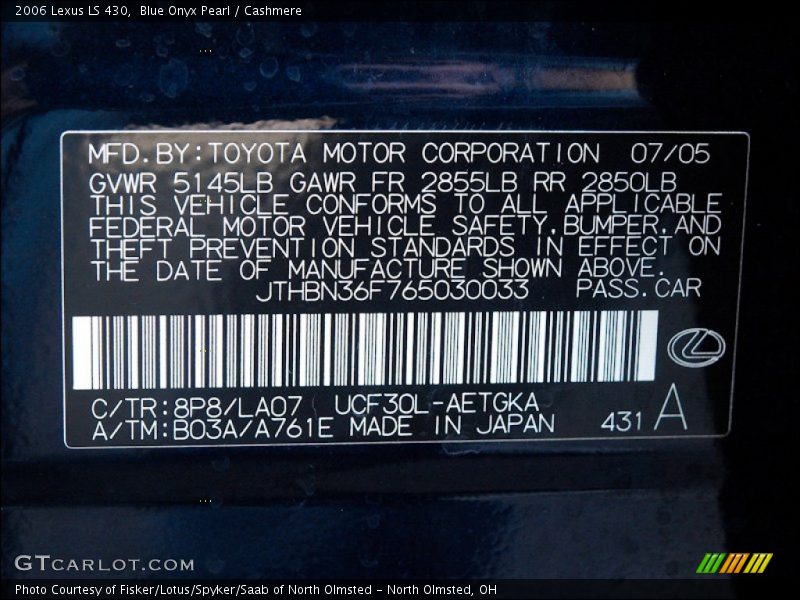 Blue Onyx Pearl / Cashmere 2006 Lexus LS 430