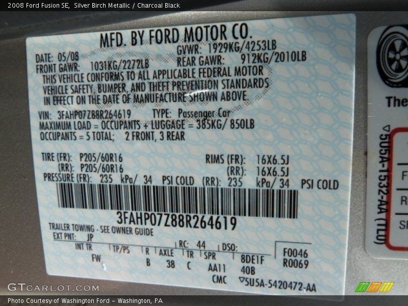 Silver Birch Metallic / Charcoal Black 2008 Ford Fusion SE