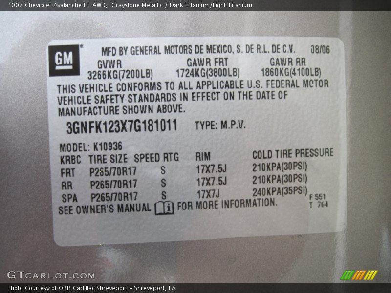 Info Tag of 2007 Avalanche LT 4WD