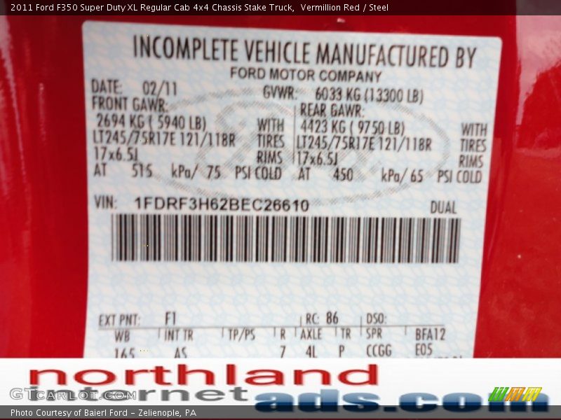 Vermillion Red / Steel 2011 Ford F350 Super Duty XL Regular Cab 4x4 Chassis Stake Truck