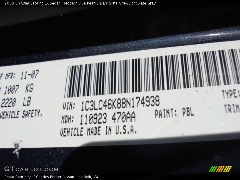 Modern Blue Pearl / Dark Slate Gray/Light Slate Gray 2008 Chrysler Sebring LX Sedan