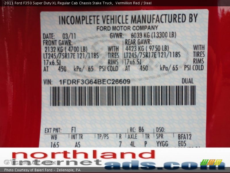 Vermillion Red / Steel 2011 Ford F350 Super Duty XL Regular Cab Chassis Stake Truck