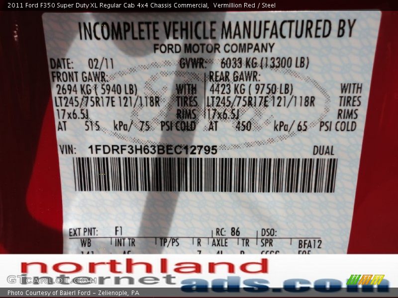 Vermillion Red / Steel 2011 Ford F350 Super Duty XL Regular Cab 4x4 Chassis Commercial