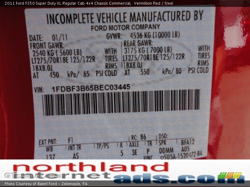 Vermillion Red / Steel 2011 Ford F350 Super Duty XL Regular Cab 4x4 Chassis Commercial